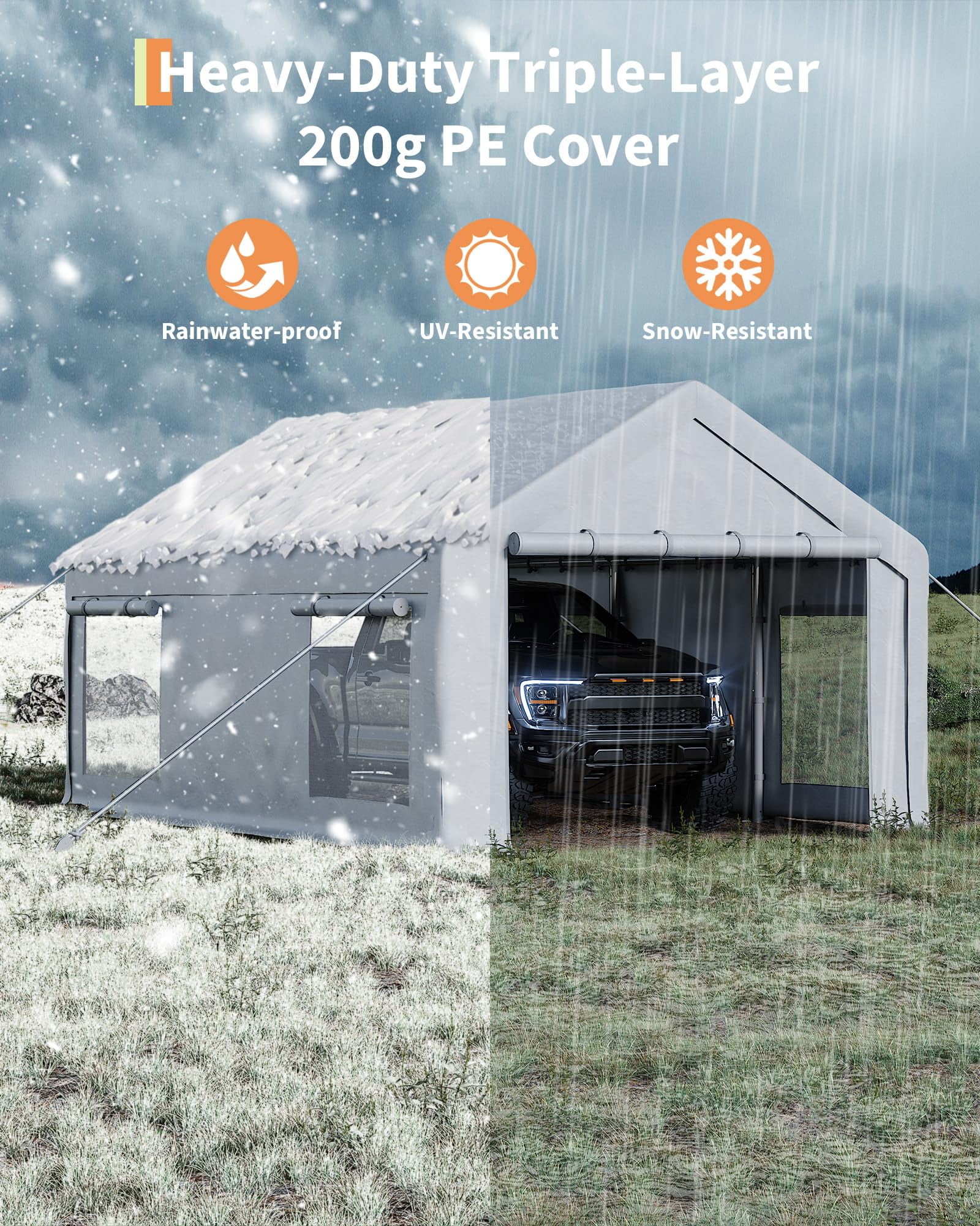 2PCS 10x20 ft Portable Garage Carport, Heavy-Duty 200g PE Tarp with 2 Roll-up Doors & 4 Windows, White Waterproof Shelter for Paint Booth, Boat, Pickup & Event