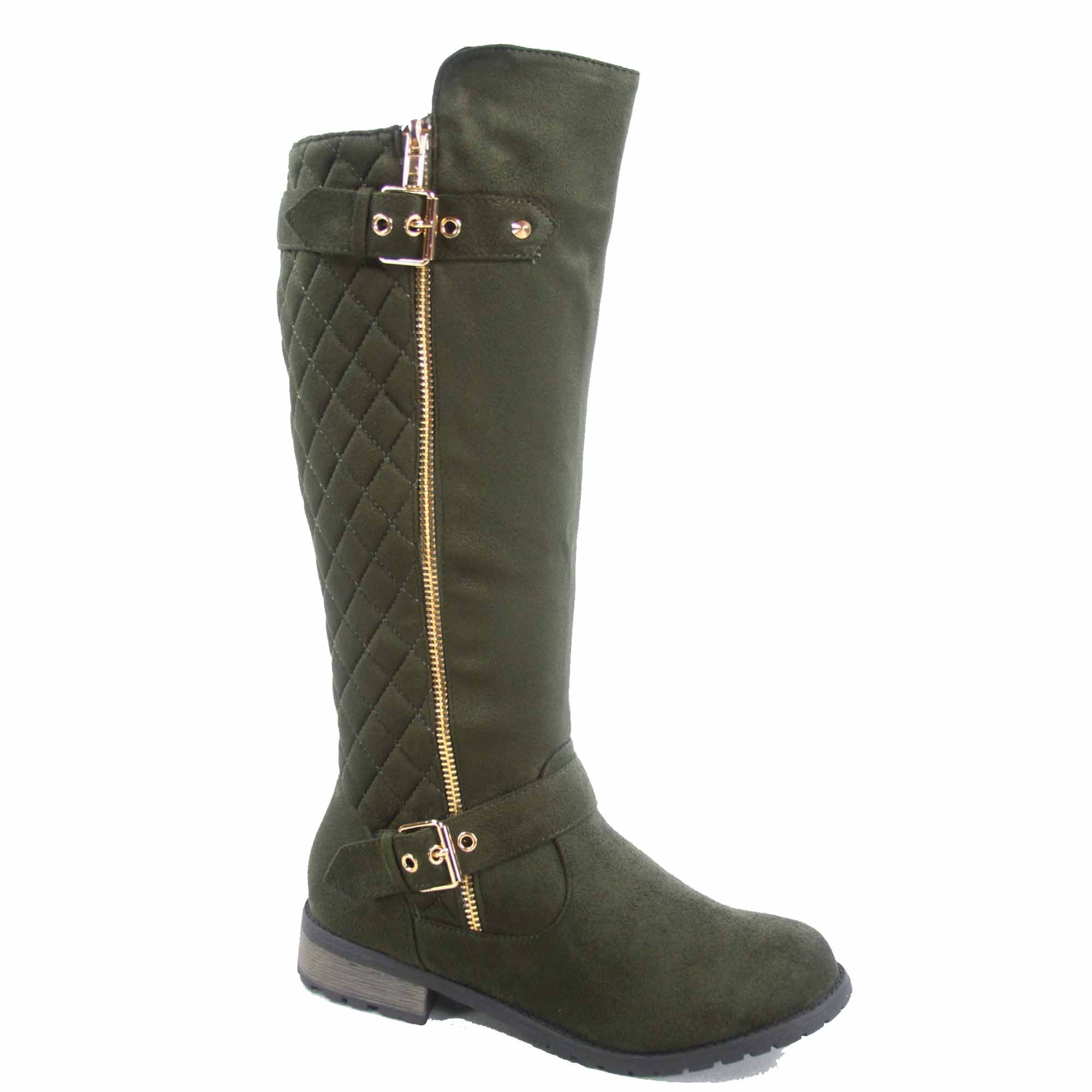 Platform Low Stacked Boots Simple Round Toe Buckle Strap Womens Dressy Knee High Boots with Zipper