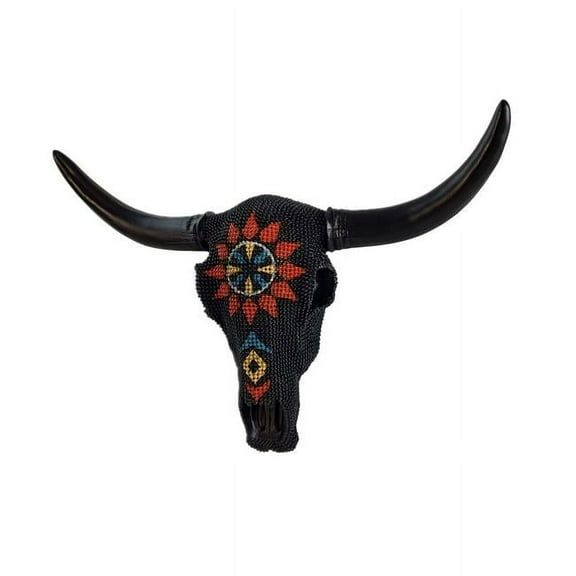 De Leon Collections 14723 Southwestern Beaded Longhorn Cow Bull Skull with Colorful Geometric Pattern Hanging Wall Dcor