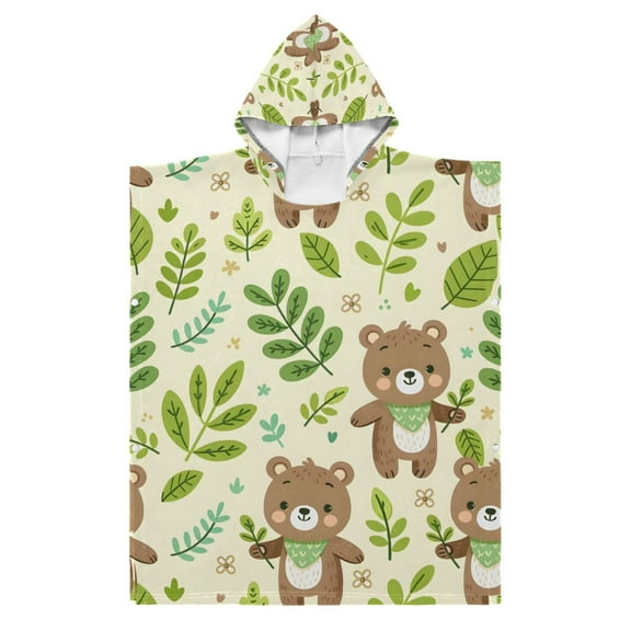 Kid Hooded Beach Towel Bath Poncho Towels Soft Absorbent Quick Dry for Boy Girl Cartoon Bear and Leaves S