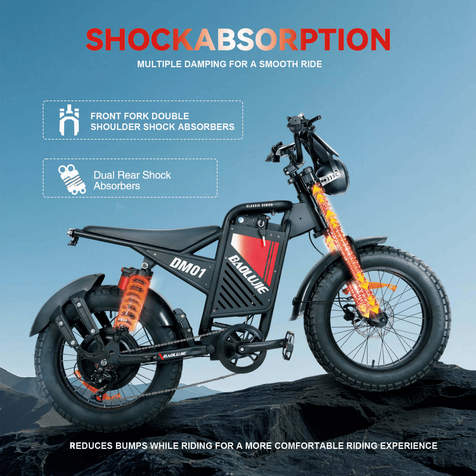 BAOLUJIE DM01 Electric Dirt Bike for Adults - 60V 30Ah Battery, Peak 3000W Motor, 53 MPH, 20" x 4.0" Fat Tires, Full Suspension, Hydraulic Brakes, Urban Commuter EBike, UL2849