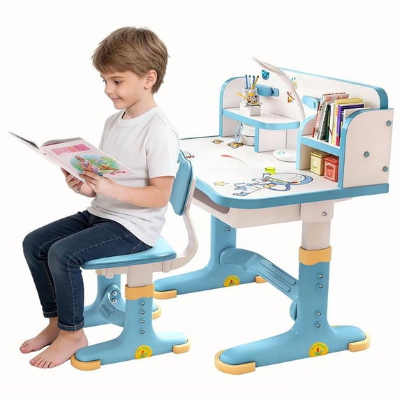 YNCE Kids Desk and Chair Set, Height Adjustable Kids Study Table and Chair Set, Children School Desk with Storage Drawer and Book Stand, Ergonomic Child Toddler Deskwith Sitting Posture Corrector