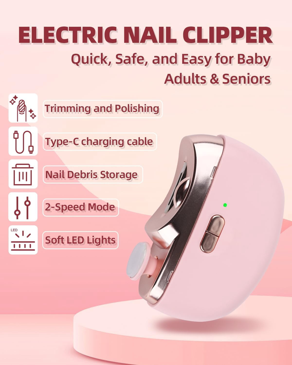 TrendMallOasis 2026 Upgraded Electric Nail Clipper, 3 in 1 Automatic Nail Trimmer and Polisher with LED Light & Clip Storage,USB Rechargeable - 2 Speeds Electric Nail File for Baby, Adults, Seniors