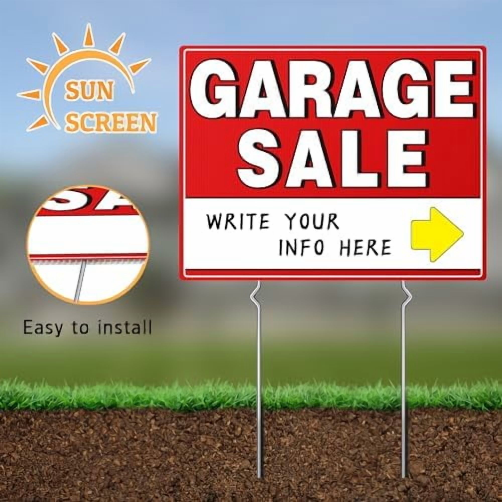 7 Pcs Garage Sale Sign With Metal Stakes, 17" x 13", Double-Sided With 20 Directional Arrow Stickers, Large Yard, Weather-Proof