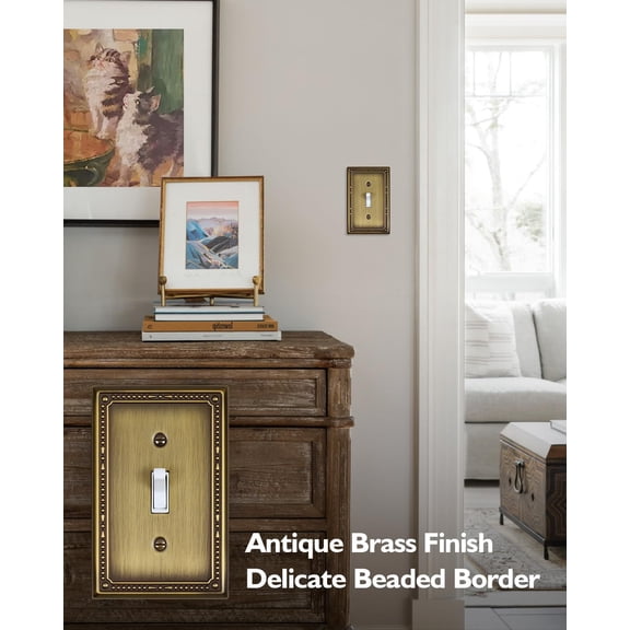 YNTVV-4-Pack Antique Brass Light Switch Cover Plates, 1 Gang Metal Switch Plate Covers, Decorative Pearl Design, 3.15''*4.88'', Midsize