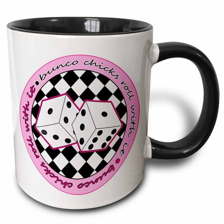 

3dRose Bunco Chicks Roll With It Pink and White - Two Tone Black Mug 11-ounce