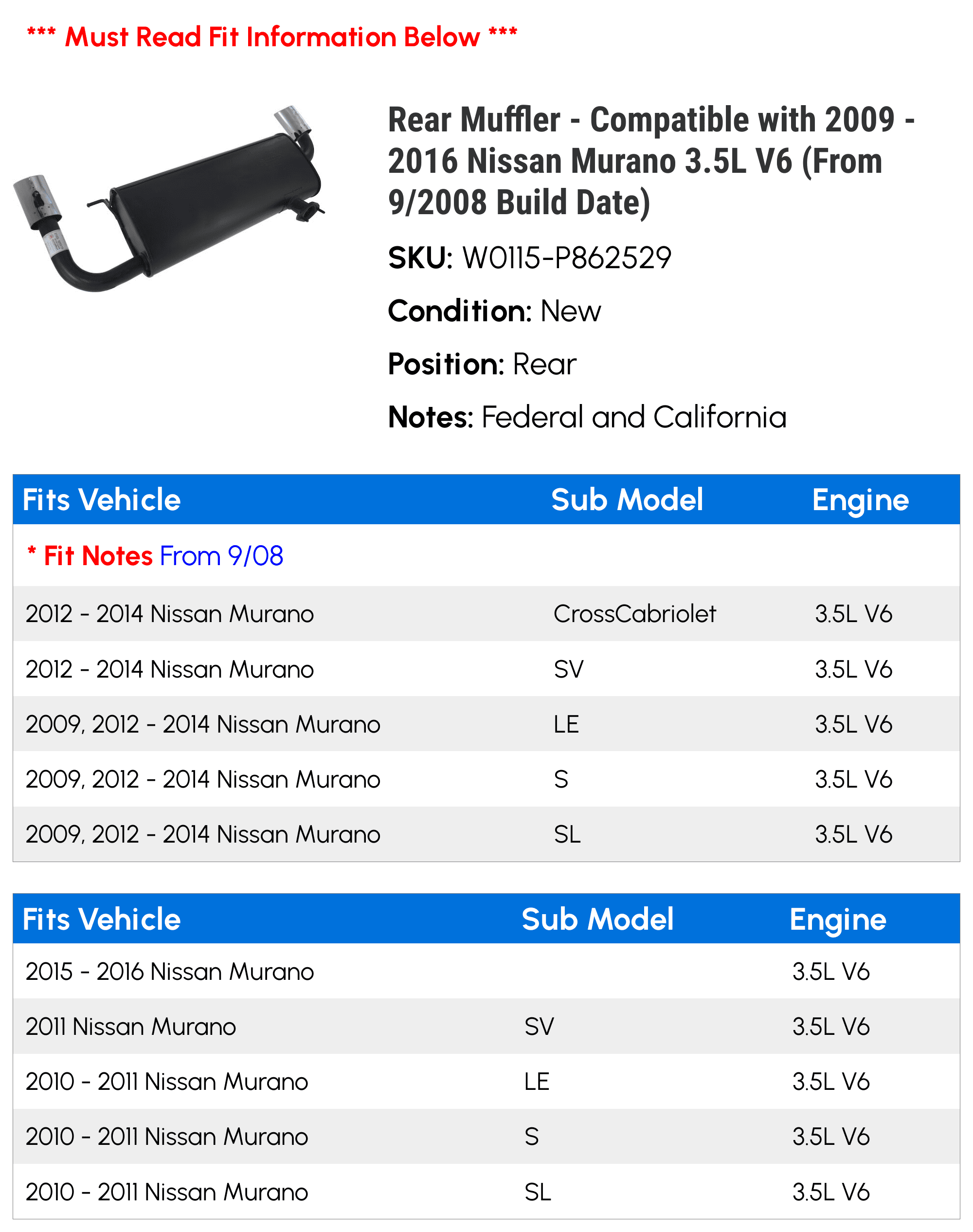 Rear Muffler - Compatible with 2009 - 2016 Nissan Murano 3.5L V6 (From 9/2008 Build Date) 2010 2011 2012 2013 2014 2015