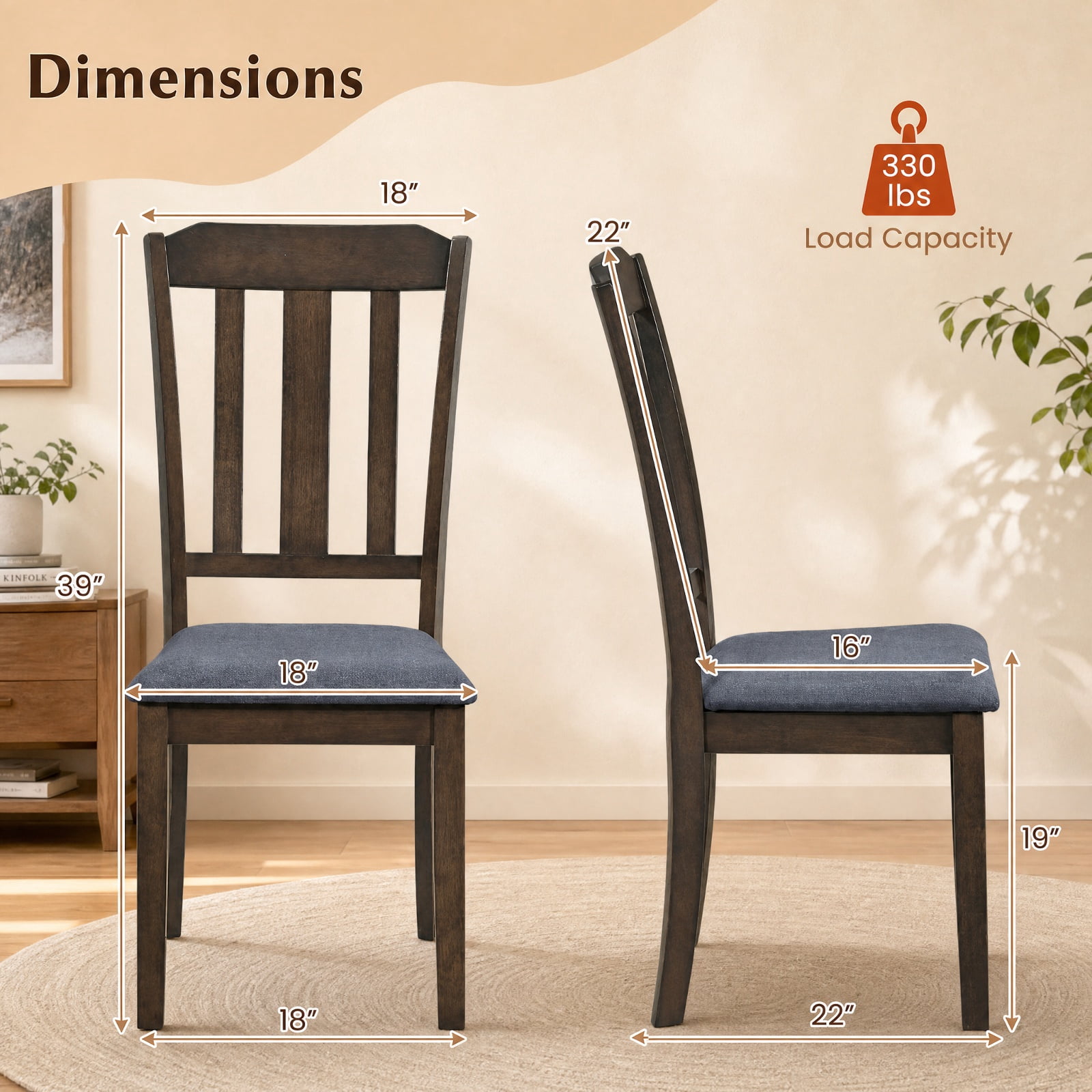 Furnibear Set of 2 Rubber Wood Dining Room Chairs with Padded Faux Linen Seat and Curved Backrest for Kitchen and Dining Room, Brown