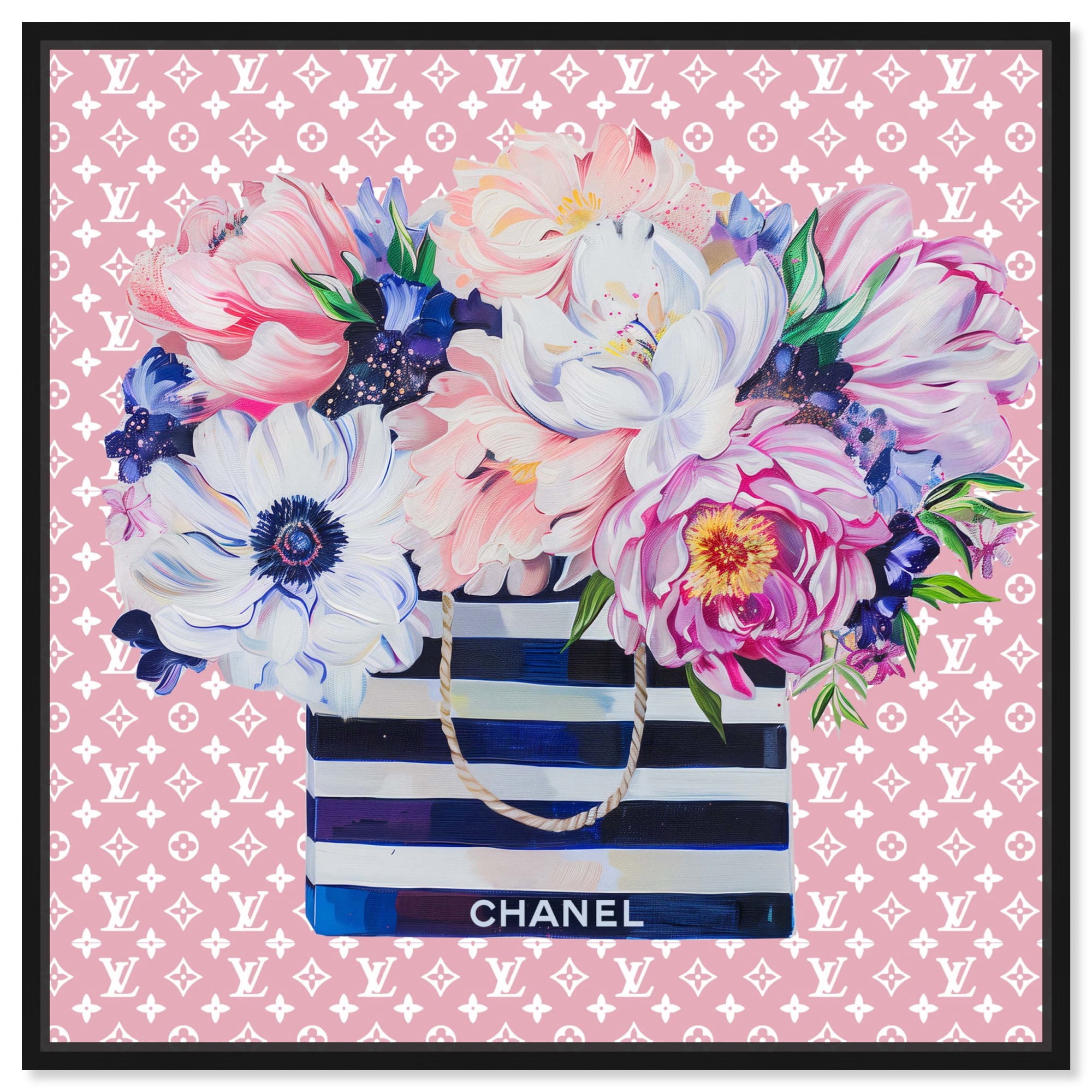 Lush Floral Shopping Bag Pink Canvas Glam Art Prints by Art Remedy, Black Frame, 12" x 12"
