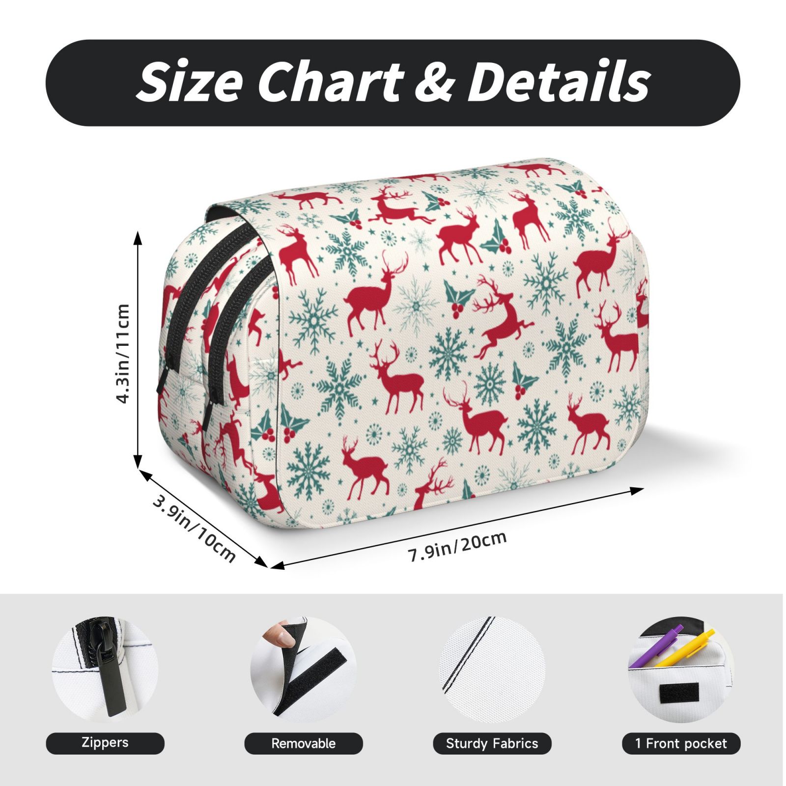 Rateoe Vintage Christmas Reindeer Pattern Double Clamshell Pen Case, Storage Organizer with Two Zipper Compartments– Holds Up to 50 Pencils & Pens