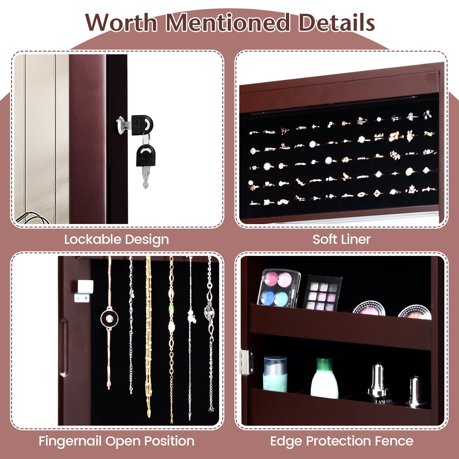 Giantex LED Jewelry Cabinet Wall Door Mounted, Lockable Jewelry Armoire w/Full Length Mirror, Cosmetics Tray, Brush Holders, Build-in Makeup Mirror for Women Girls (Brown)