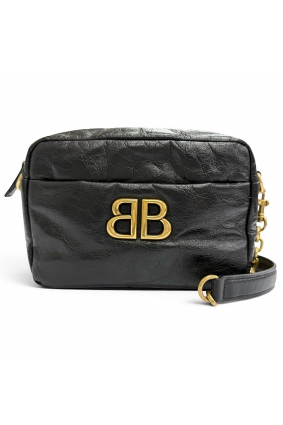 Pre-Owned BALENCIAGA 806459 Monaco Arena Calfskin Camera Bag Chain Shoulder Black Antique Gold...