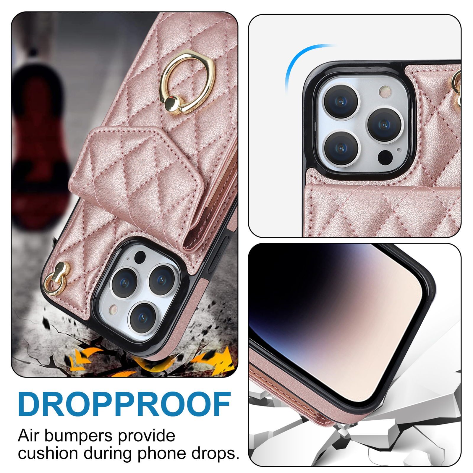 Asuwish Wallet RFID Blocking PU Leather Cell Phone Case with Tempered Glass Screen Protector, Wrist Strap for iPhone 15 Pro Max, Rose Gold