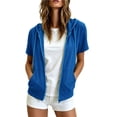 thumbnail image 2 of thefmos Women Summer Fall Short Sleeve Hooded Zip Open Front Casual Basic Solid Trendy Tops Hoodie Casual Sweatshirt Jacket, Sky Blue XL, 2 of 7