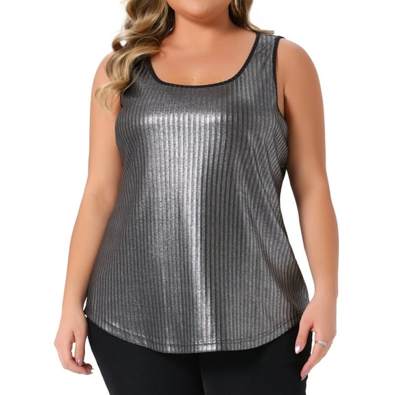 DARING DIVA Women's Plus Metallic Tank Top Sleeveless Shiny Party Tops 1X Silver