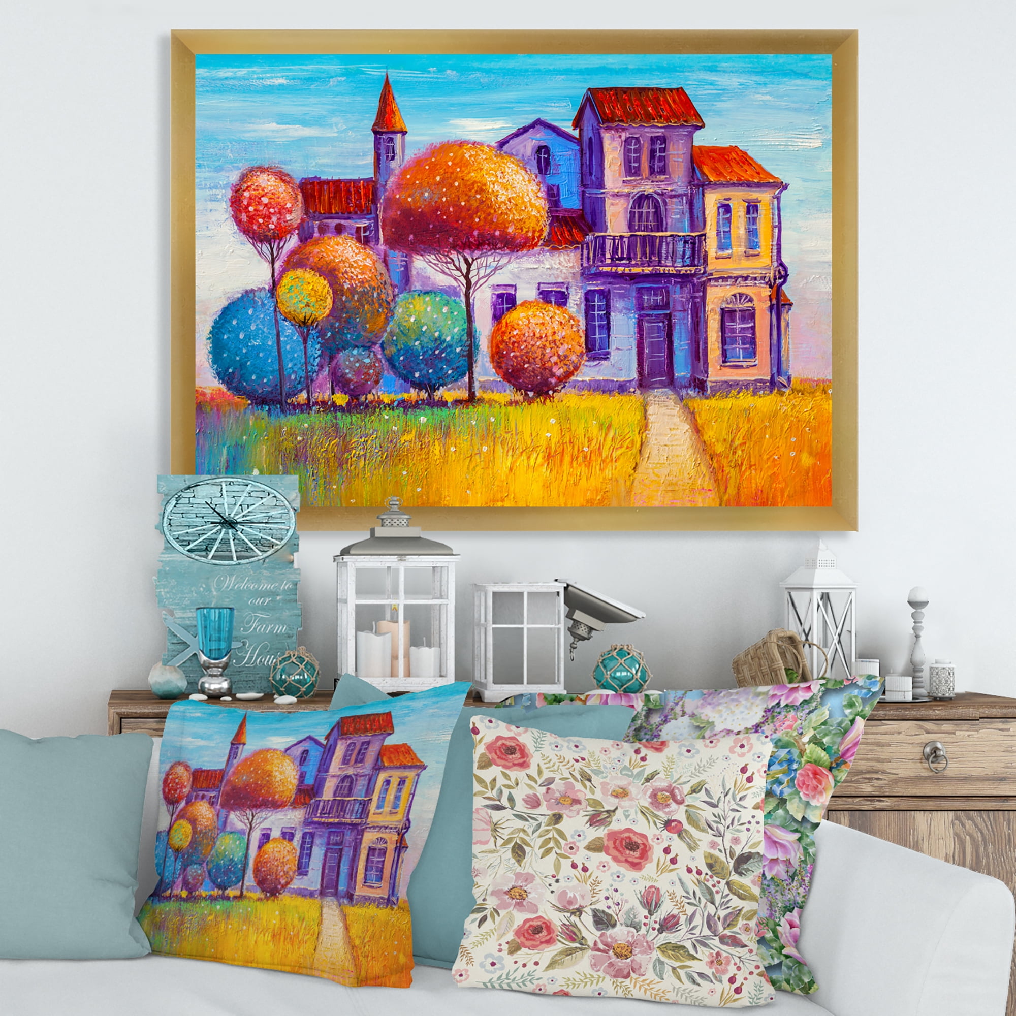 Designart 'Abstract Colorful House In The Fairy Tale VIllage' Traditional Framed Art Print