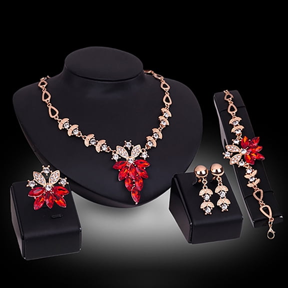 SmartBy 4Pcs Jewelry Set Flower Design Birthday Gift Durable Necklace Earrings Bracelet Ring Jewelry Set for Wedding