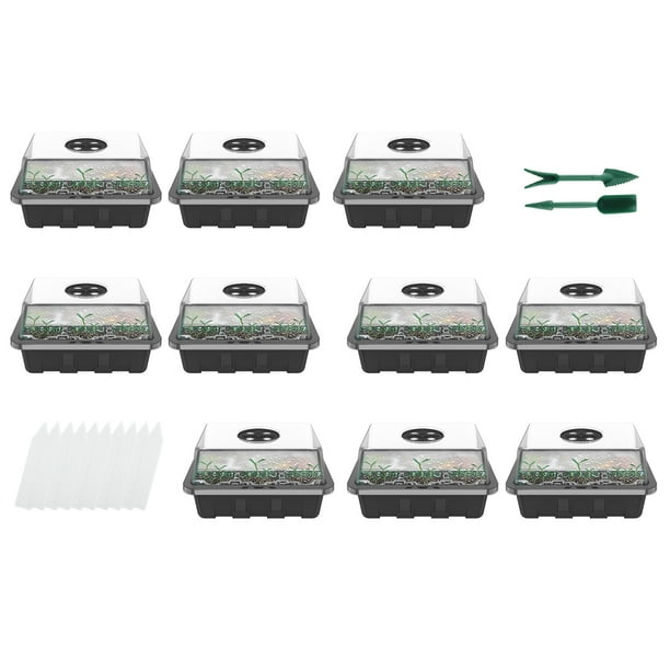 Kit De Inicio De Plántulas Plástico 10 Piezas Kit De Bandeja De Inicio De Semillas De 12 Agujeros Con Ventilaciones Ajustables Conjunto De Propagador De Semillas Multifuncional Con 2 Herramientas De T Muyoka Hogar