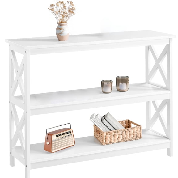 Console Table with 3 Storage Shelves, Narrow Long Entryway Table for Hallway, Sofa Side Table Bookshelf for Living Room, Accent Furniture for Small Spaces, White