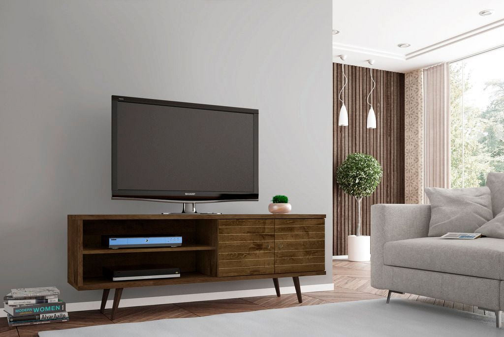 Liberty 62.99" Mid-Century Modern TV Stand with 3 Shelves and 2 Doors  with Solid Wood Legs
