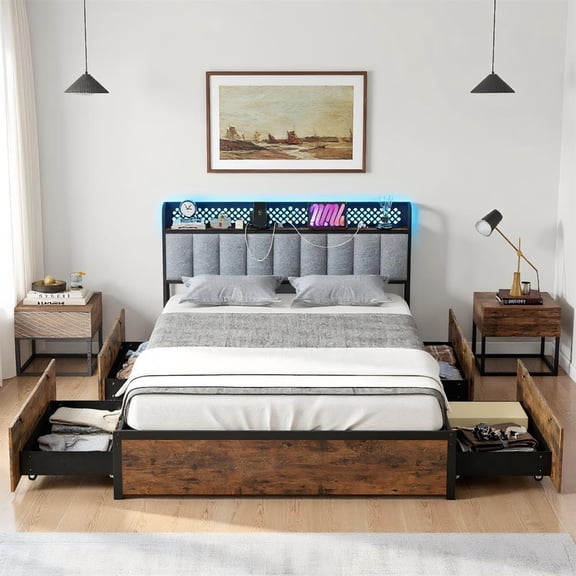 Topcobe Twin/Full/Queen Bed Frame with LED Lights Upholstered Headboard and 4 Storage Drawers, Modern Furniture for Bedroom, Fashion Design-Queen Size