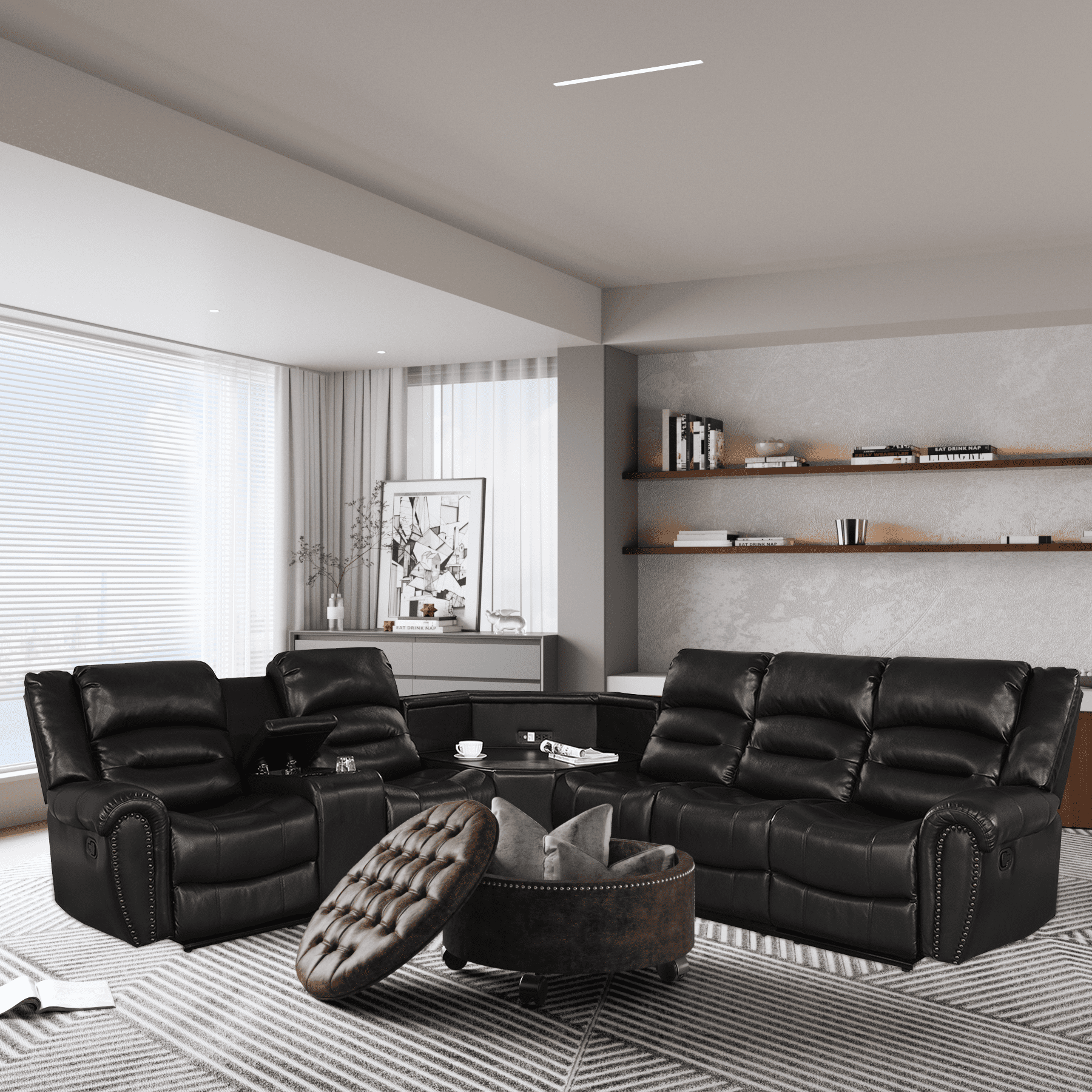 Nathaniel Home 2 Piece Modern Upholstered Leather Multifunctional Sectional Living Room Sofa Set Black and Brown