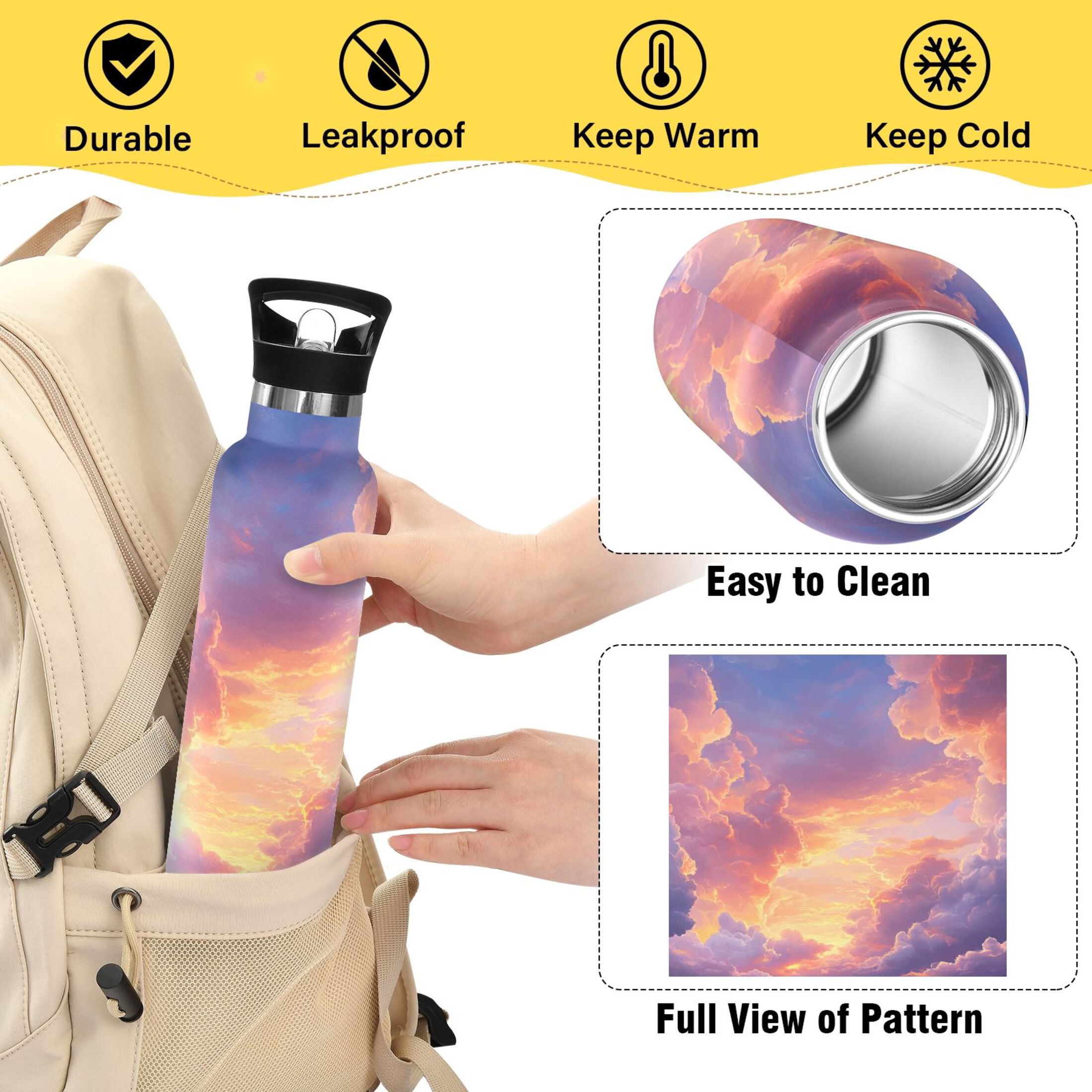 600ML Stainless Steel Insulated Cup Sports Water Bottle Portable Thermos Cup Water Glasses Insulated Tumblers Convenient and Durable Pink Cloud