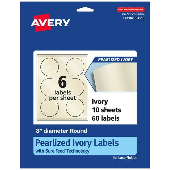 Avery Pearlized Ivory Round Labels, 3" Diameter, 60ct
