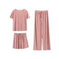 thumbnail image 2 of Sakmal Short Sleeve Women Pajama Sets Soft 3pc Pink Comfy Top and Pants Round Neck Lightweight Lounge Loose Fit Women Sleepwear, 2 of 6