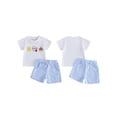 thumbnail image 2 of Conjunto de ropa de verano para bebé niño pequeño: top de manga corta con bordado de castillo playero y shorts a cuadros (2 piezas)., 2 of 8