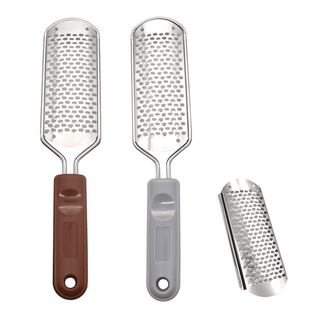 2 raspadores de metal para pies (lima para pies) + 1 cuchilla de repuesto GRATIS para exfoliante de pies, elimina durezas de acero inoxidable para pies húmedos y secos