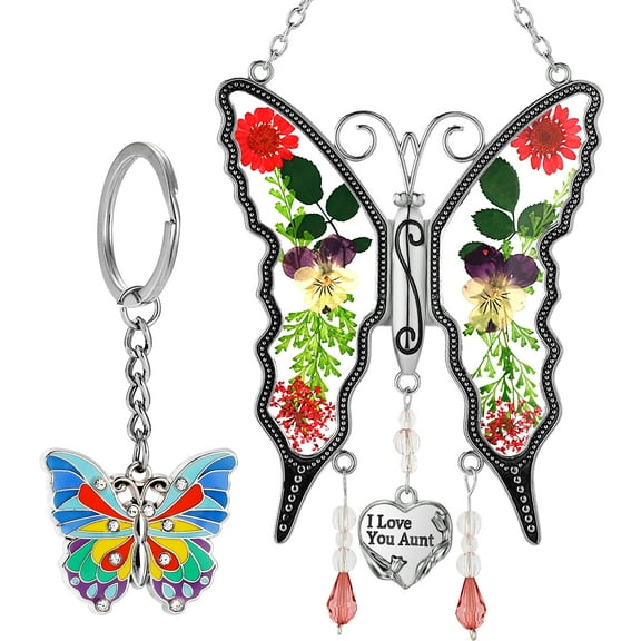 I Love You Aunt Butterfly Suncatchers& Blue Butterfly Keychain Silver Zircon & Stained glass and really flower material Color box packing Make Happy Mother's Day Gifts for Aunt Birthday Christmas