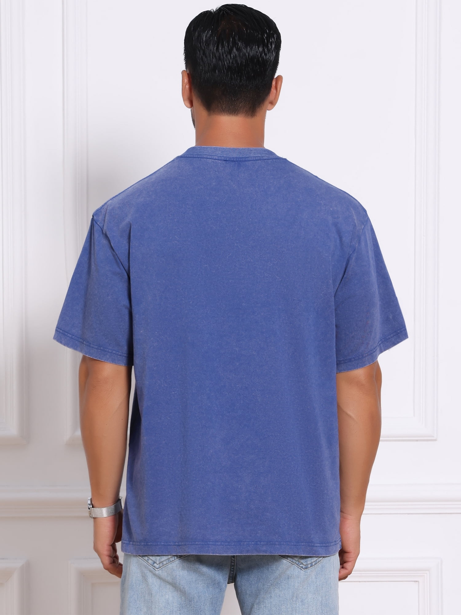 DARING DIVA Men's Retro Distressed Crew Neck Short Sleeve Solid T-Shirt 2XL Blue