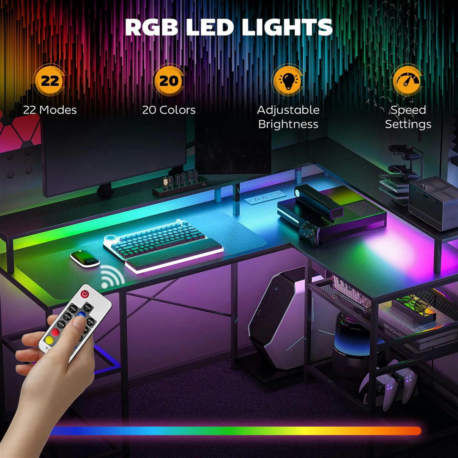 Demi Bonn 59" L Shaped Corner Office Desk with LED Lights and Power Outlets, Home Computer Desk for Living Room, Office, Study Writing Table PC Desks, Black