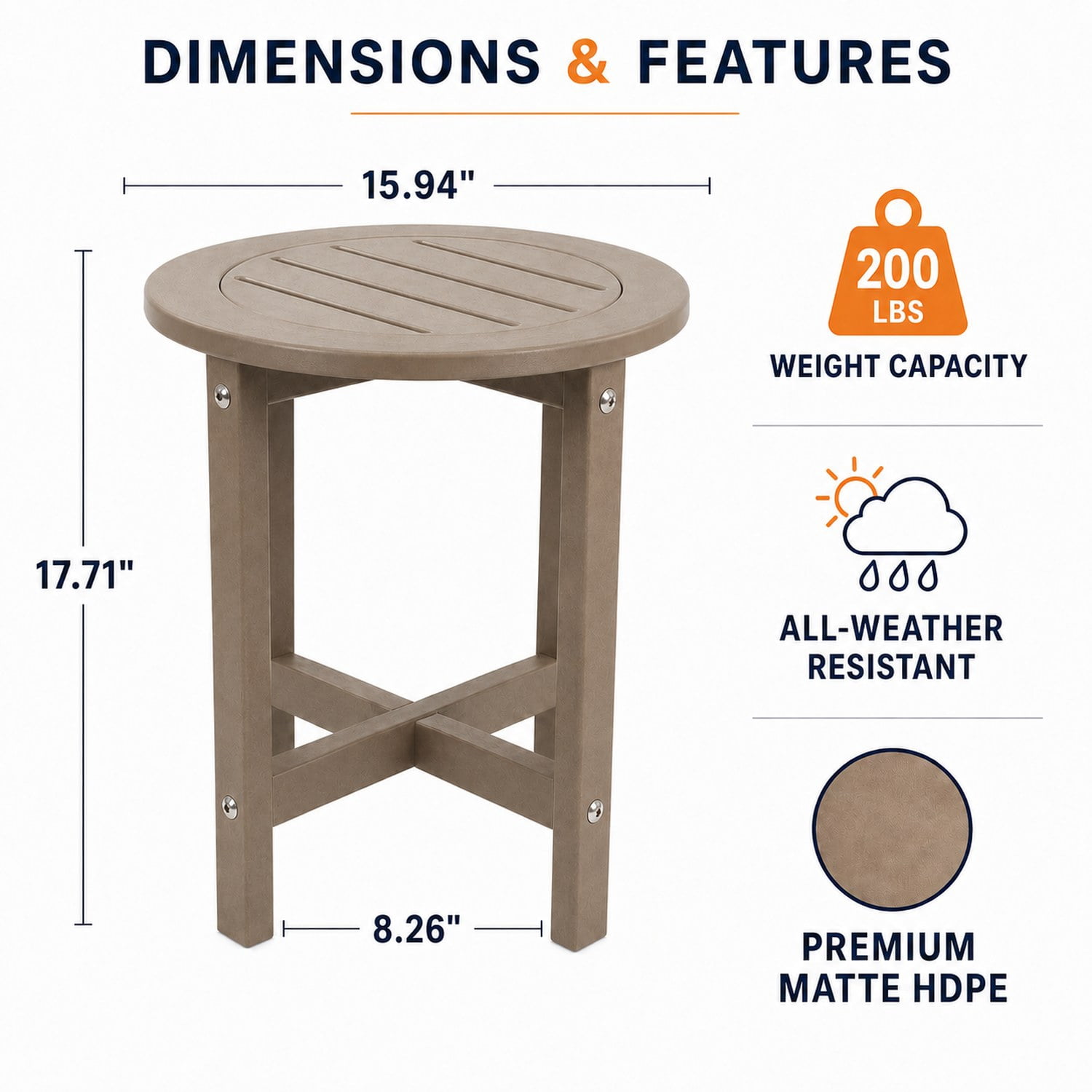 Antique Brown HDPE Outdoor Side Table, Small All-Weather Patio End Table, 15.94 in. L x 15.94 in. W x 17.71 in. H