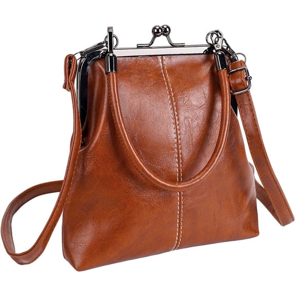 BadPiggies Retro PU Leather Handbags for Women, Kiss Lock Crossbody Tote Bag Stylish Shoulder Purses - Coffee