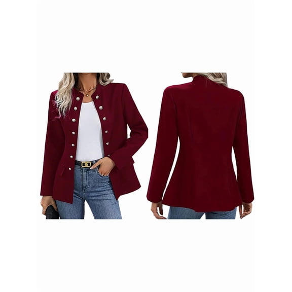 Women'S Double-Breasted Front-Opening Coat Autumn Long-Sleeved Business Casual Slim-Fit Jacket Set Wine Red M