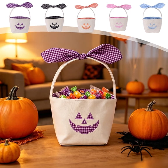 Sahpxhe Halloween Basket Handheld Bow Embroidered Candy Bag Gift Bags,Pumpkin Ghost Bucket Tote for Trick-Or-Treat,Party Decor and Storage,12.2x6.50in Purple