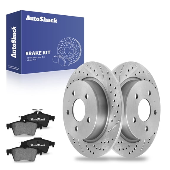 AutoShack 11.02" (279.8 mm) Rear Solid Drilled & Slotted Brake Rotors Coated   Ceramic Brake Pads | Replacement for 2013-2018 Ford C-Max | Silver Zinc Coated | 6-PC Brake Kit | SilverShield Pro