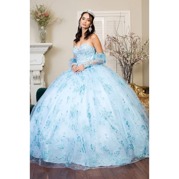 Women's Elizabeth K Glitter Print Summer Strapless Ball Gown Gl1944 Blue Size S