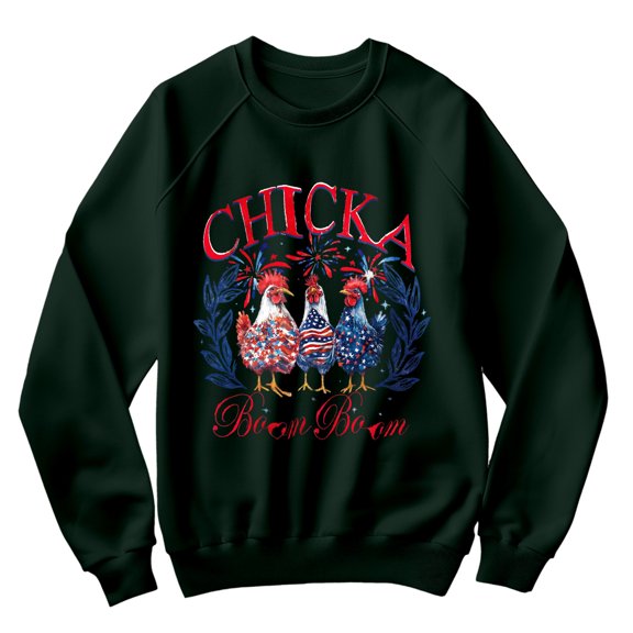 4th of July Sweatshirt - Chicka Boom Boom Funny Patriotic Chicken Graphic Pullover - USA Stars Stripes Fireworks Farm Animal Shirt