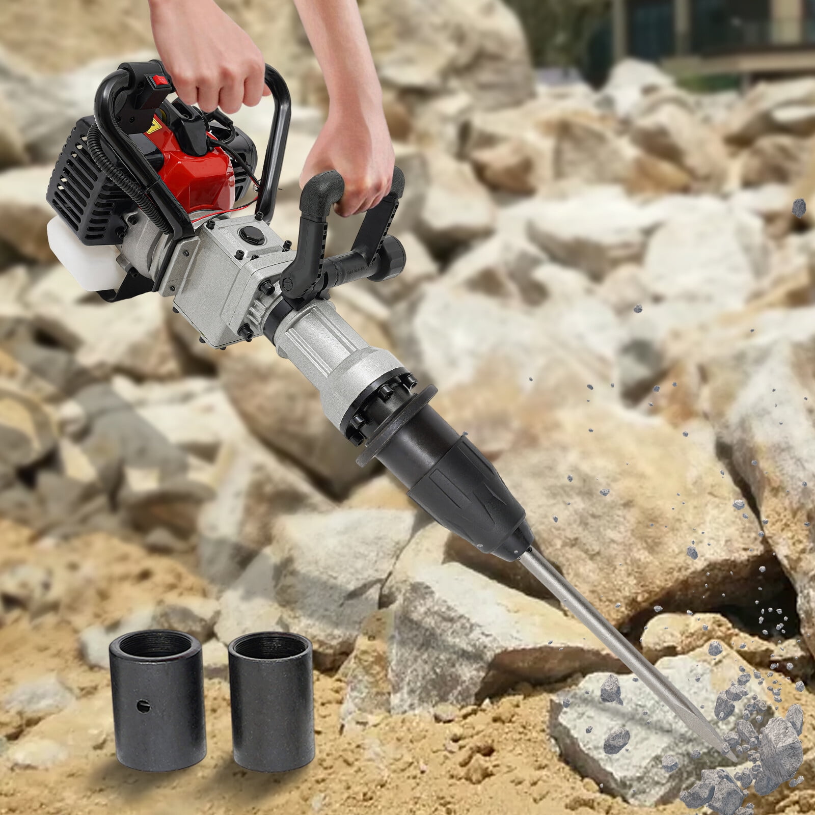 2 Stroke Gas Powered T Post Driver Fence Pile Driver Jack Hammer w/Chisel 32.7cc for Gardening, Road Fencing