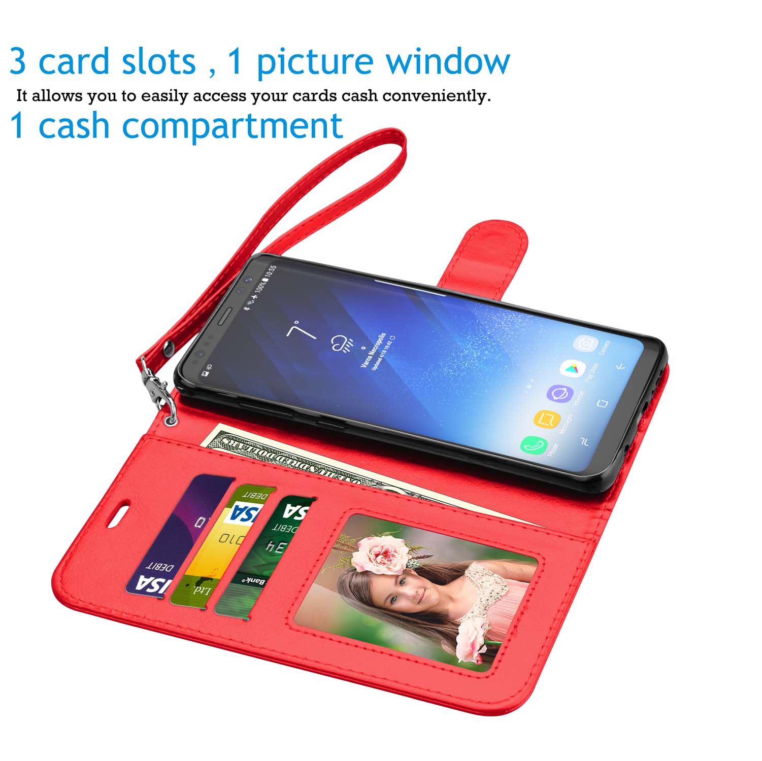 Tekcoo Galaxy S8 / S8 Plus Wallet Case, for Galaxy S8 / S8+ PU Leather Case, Tekcoo [Red] PU Leather [3 Card Slots] ID Credit Flip Cover [Kickstand] Cover & Wrist Strap - image 3 of 5