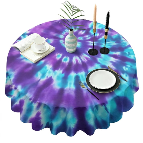 Purple Blue Tie Dye Spiral Pattern Round Tablecloth 60"x60",Wrinkle Wipeable Table Cloth for Kitchen Dining Room Picnic Patio Party