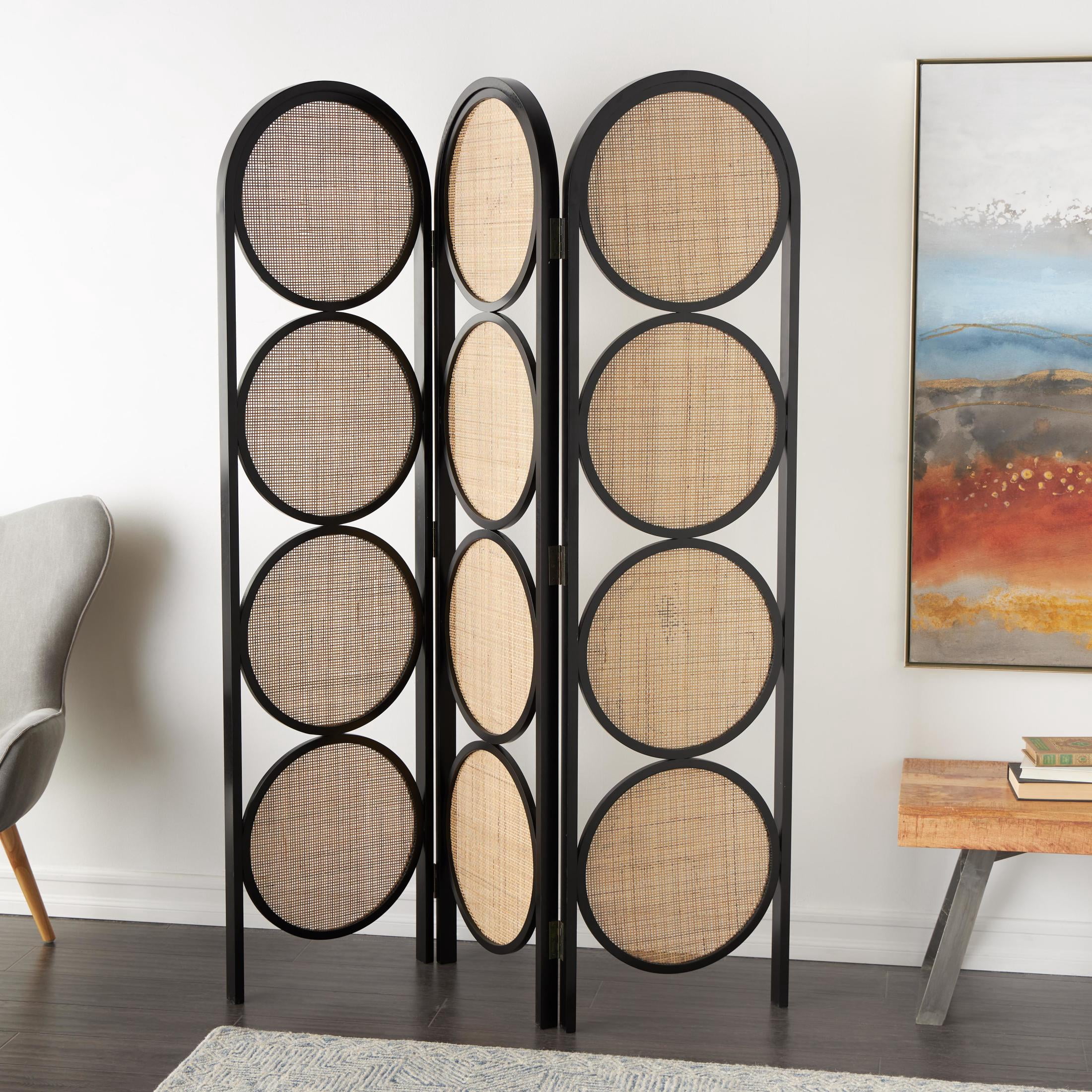 DecMode 55" x 71" Black Wooden Geometric Handmade Arched Foldable 3 Panel Room Divider Screen with Woven Cutouts, 1-Piece