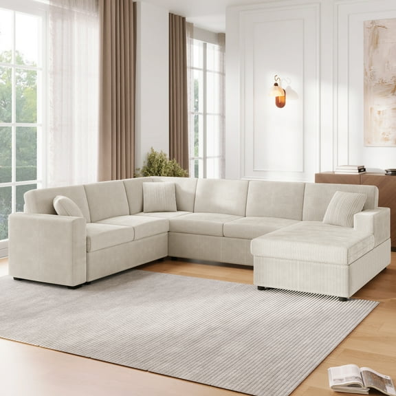 Euroco Oversized Sectional Sofa 115.3" U-Shaped Sofa with a Chaise Lounge and Three Soft Throw Pillows for Living Room, Light Gray