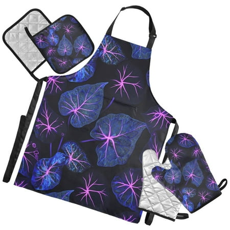 Ryvnso Leaves Texture Kitchen Apron Oven Mitts Set Pot Holders