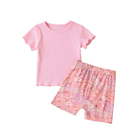 

Suanret Toddler Kids Girls Summer 2Pcs Outfits Casual Waffle Short Sleeve T-Shirt Elastic Floral Shorts Clothes Sets Light Pink 6-12 Months