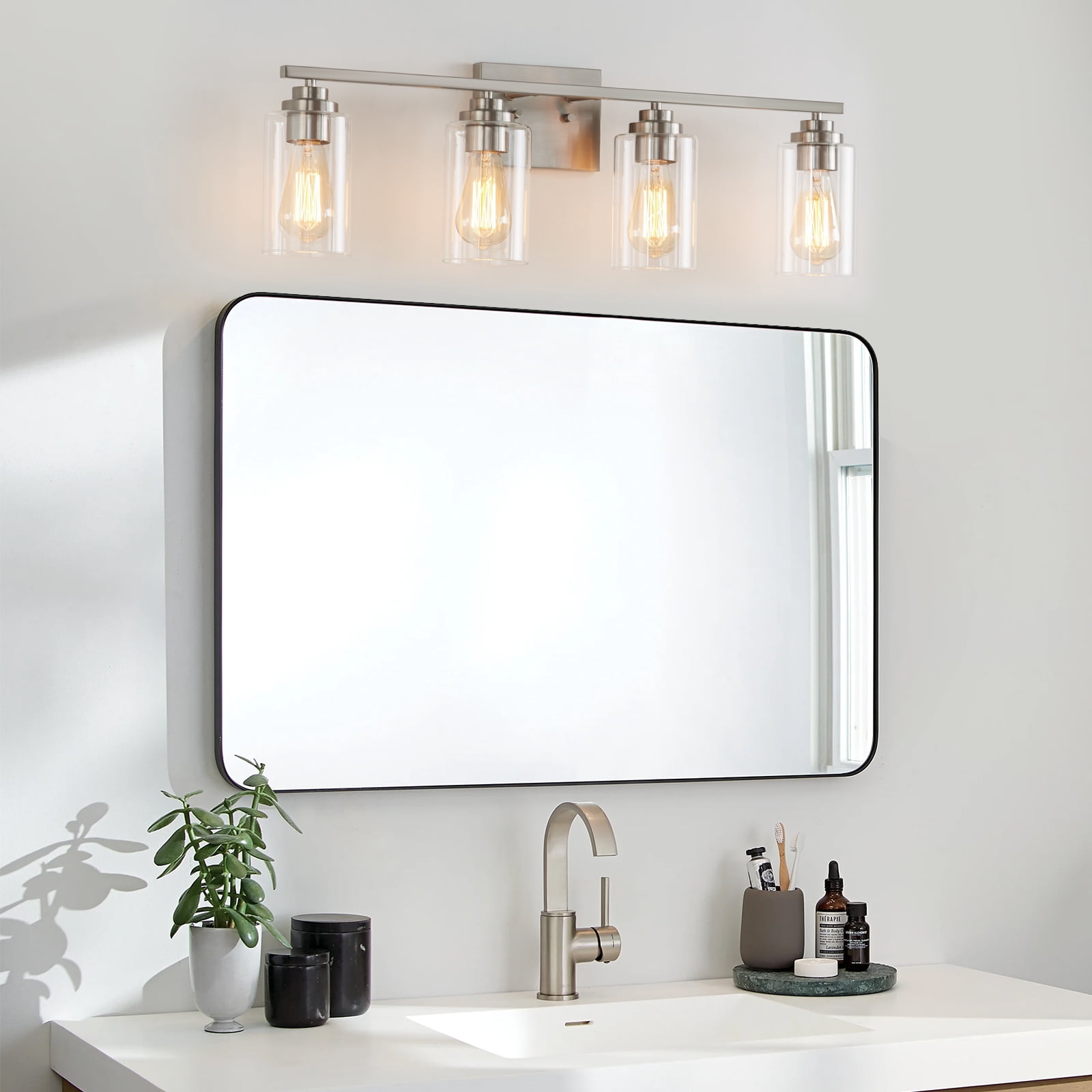 KAWOTI Modern 4-Light Vanity Light Fixtures over Mirror, Brushed Nickel Bathroom Lights with Clear Glass Shade