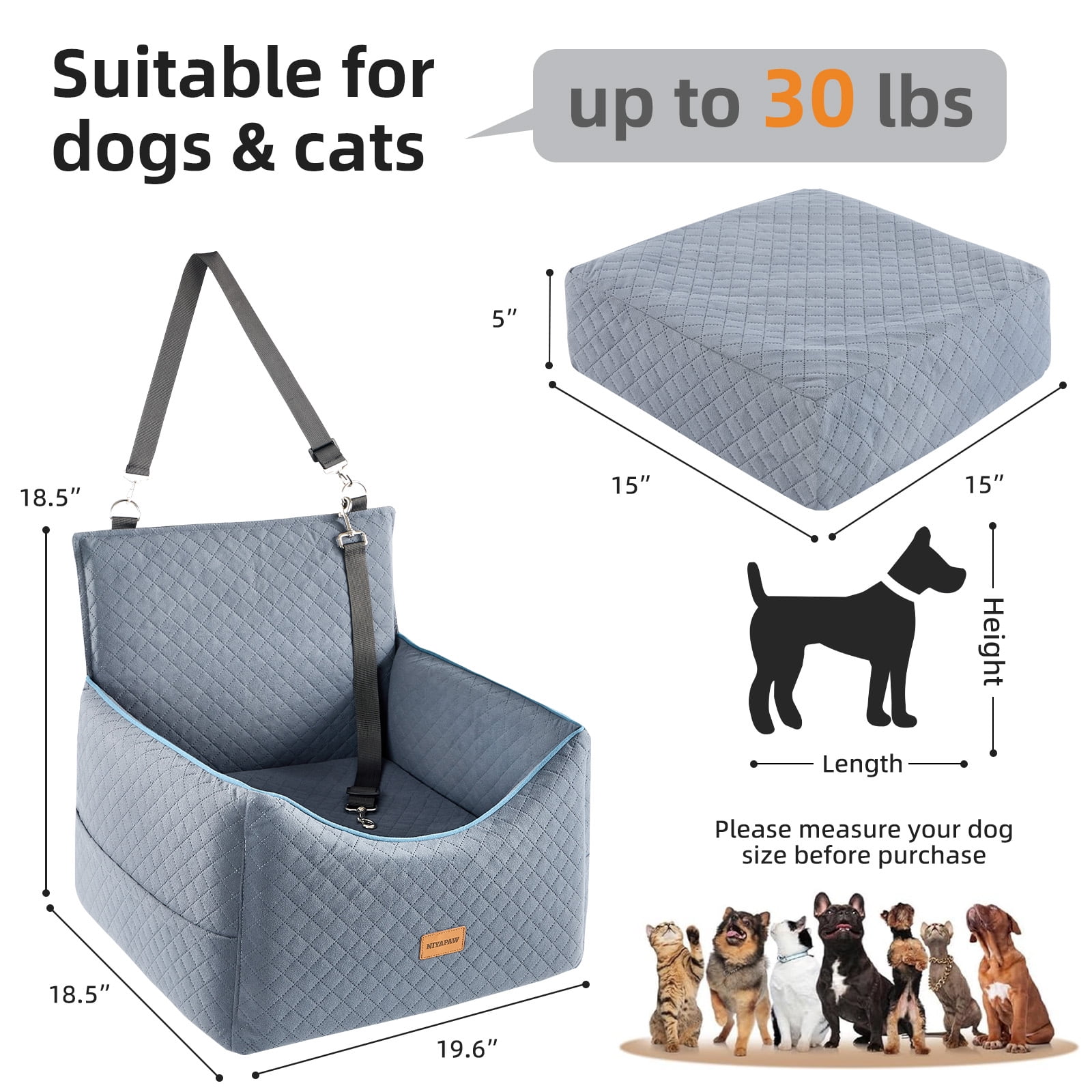 NIYAPAW Elevated Dog Car Seat for Small/Medium Dogs up to 35 lbs,Memory Foam Pet Booster Seat with dog car bed, Safety Pet Seat with Seatbelt Channel，Washable and Detachable (Gray)